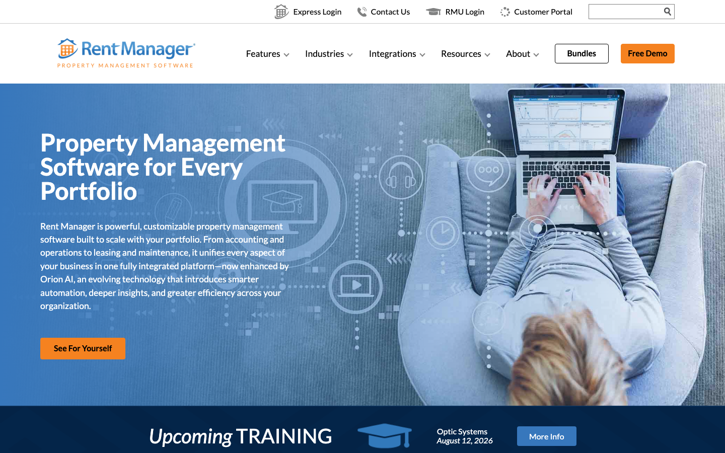 Rent Manager property management software homepage showing accounting and Orion AI feature preview