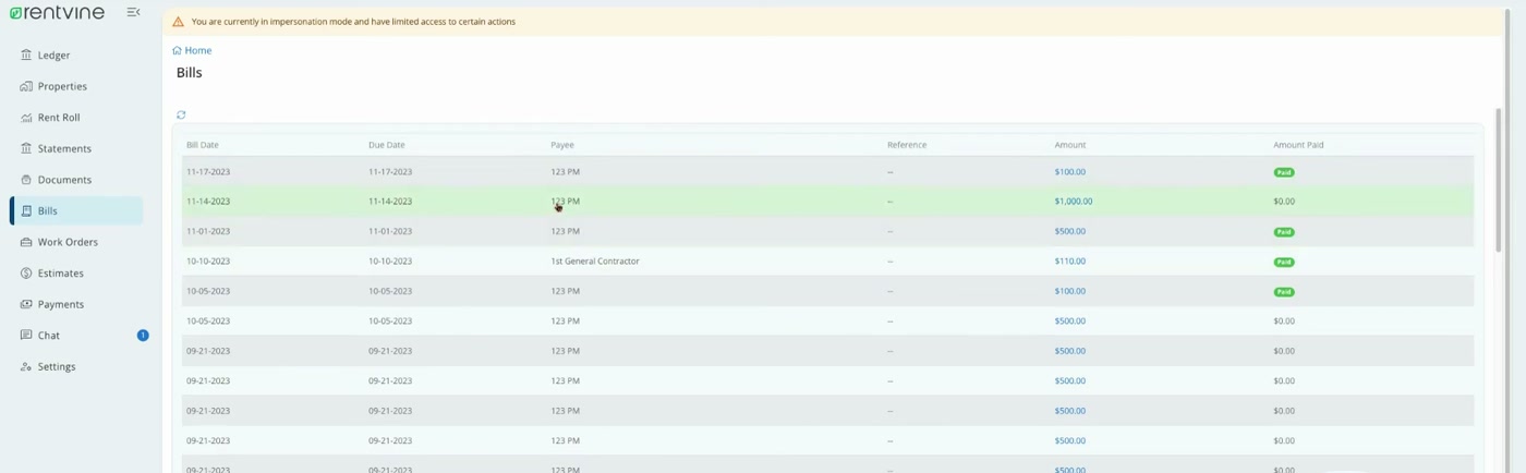 Rentvine owner portal bills list showing bill date, due date, payee, amount, and amount paid