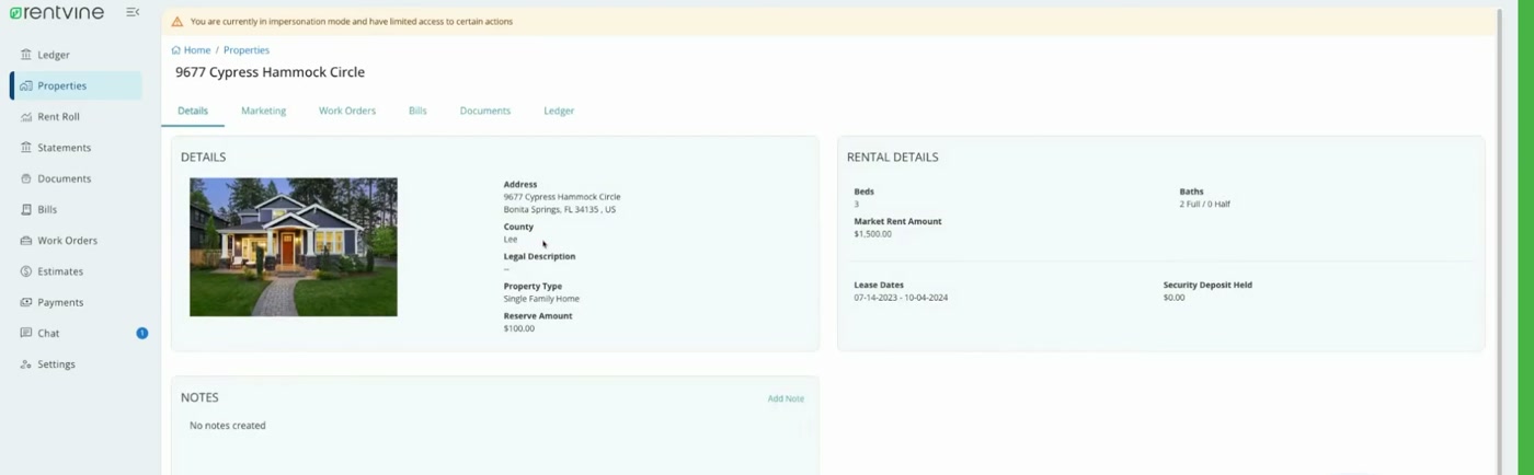Rentvine property detail showing rental details, market rent, lease dates, and security deposit held