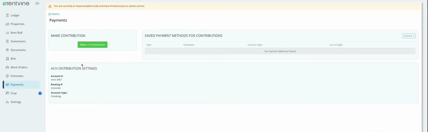 Rentvine owner portal payments screen with make a contribution and ACH distribution settings