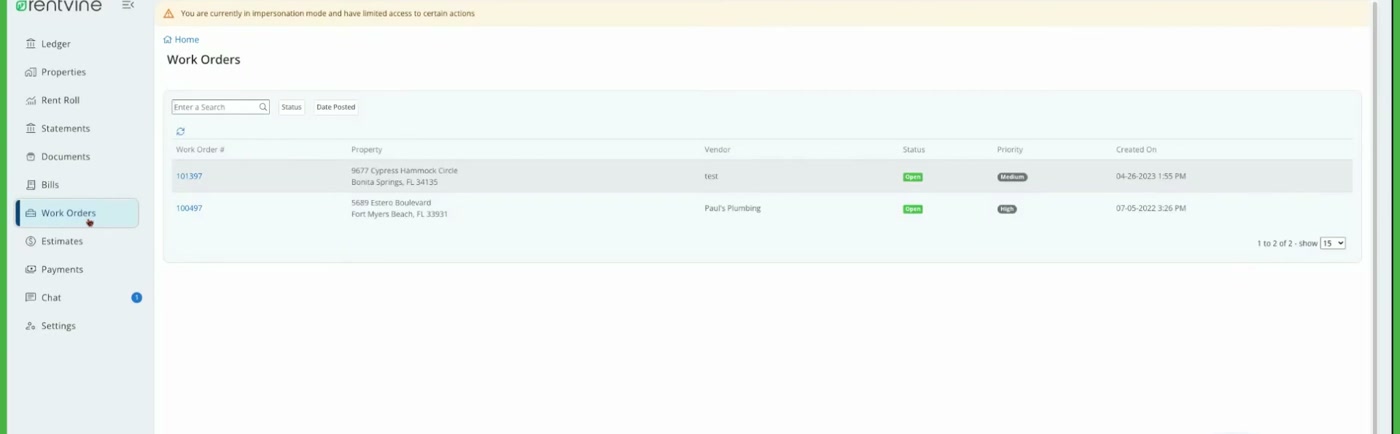 Rentvine work orders list showing property, vendor, status, and priority