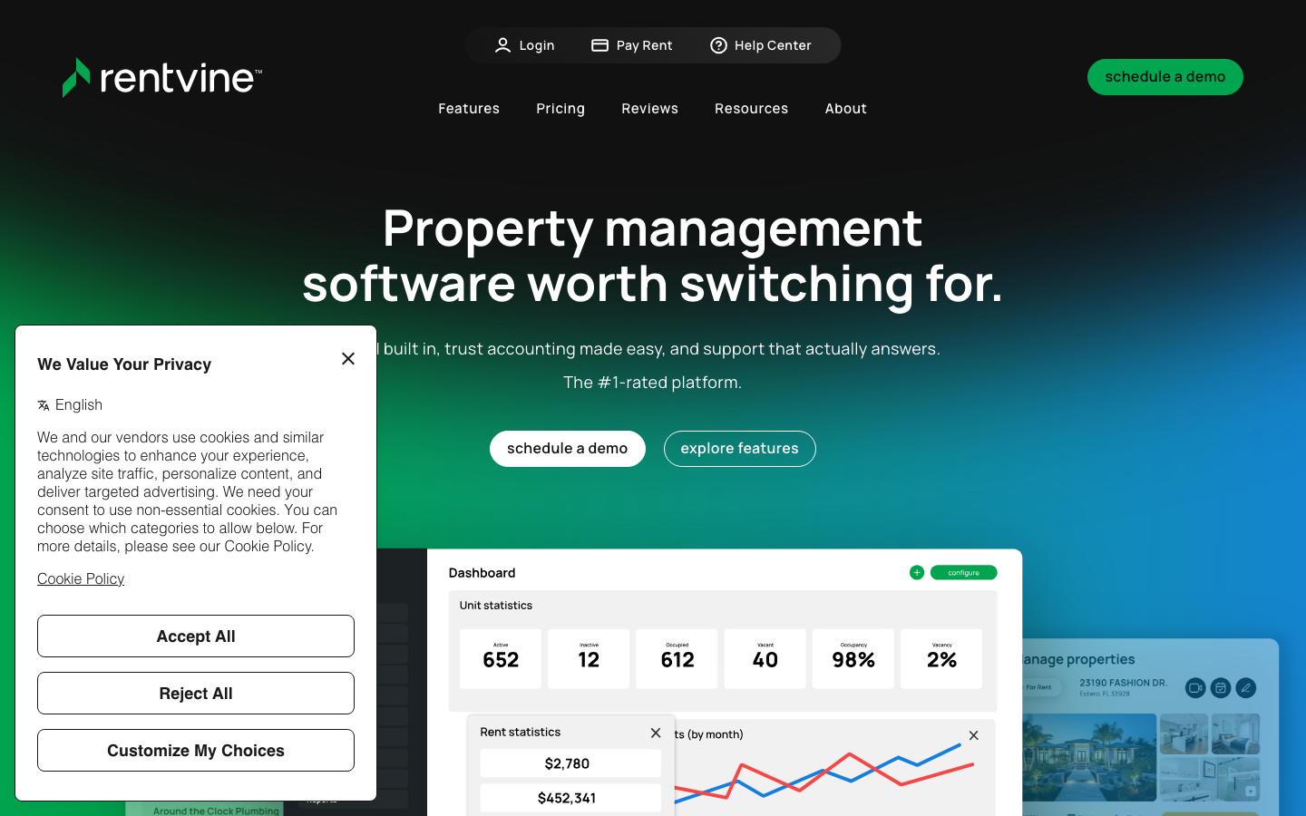 Rentvine property management software homepage showing single-family rental accounting and leasing tools