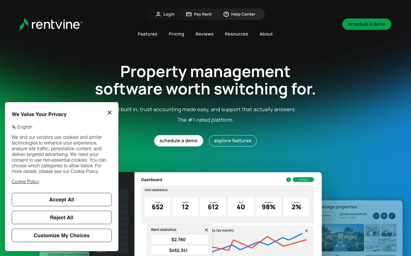 Rentvine property management software homepage showing single-family rental accounting and leasing tools