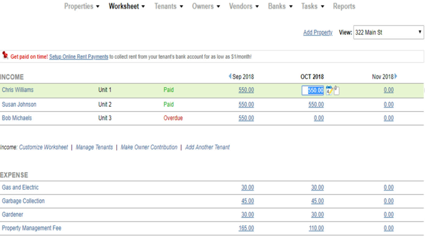 SimplifyEm rent worksheet showing tenant payment status and monthly income totals for a portfolio