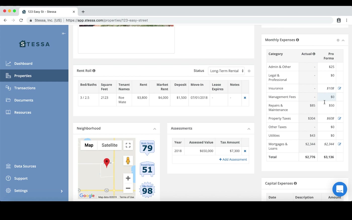 Stessa property detail showing rent roll, monthly expenses, and neighborhood data