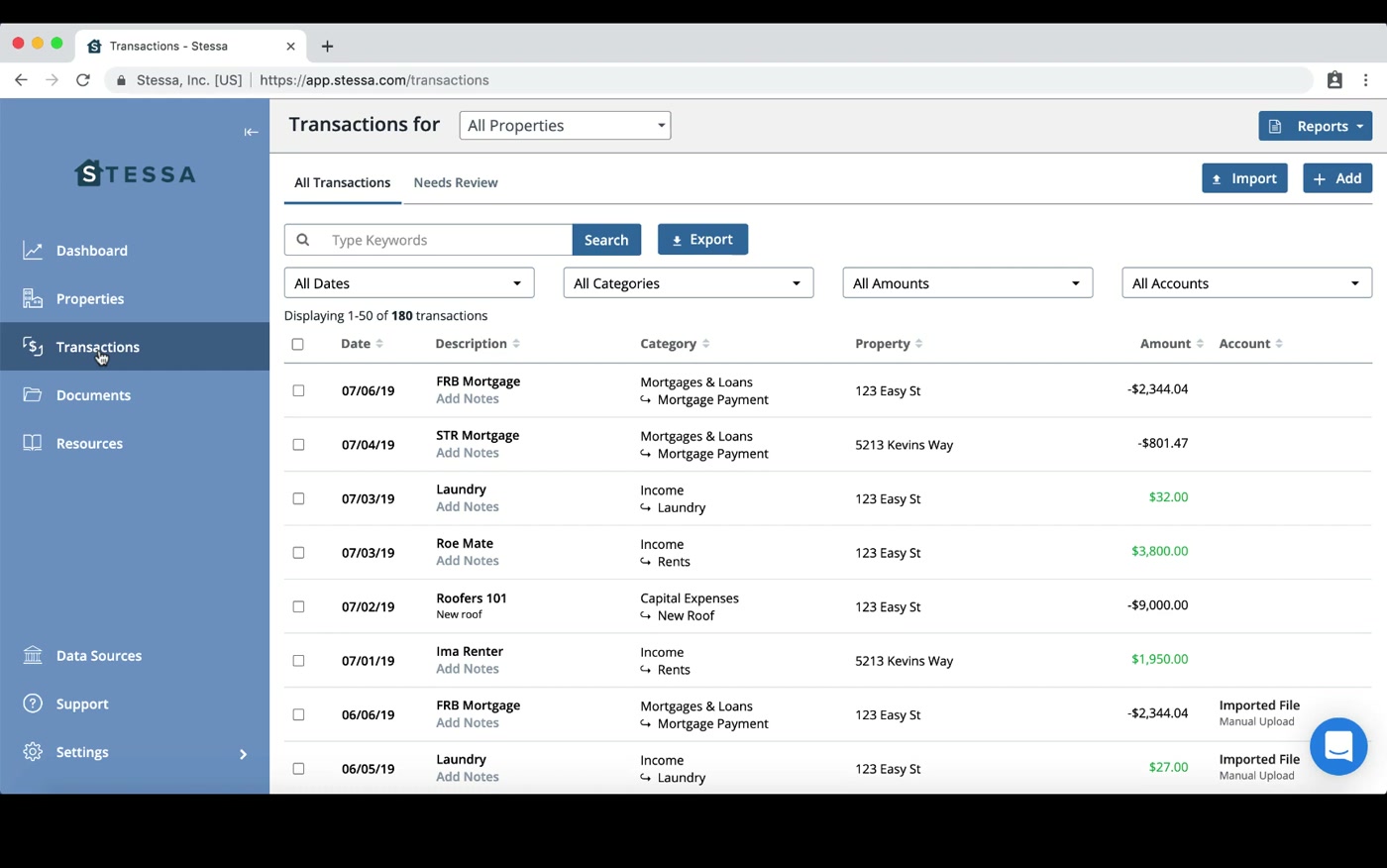 Stessa transactions list categorizing income and expenses by property and account