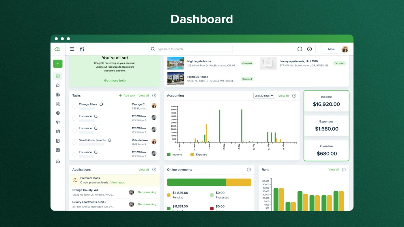 TenantCloud dashboard showing tasks, expenses, and applications for a property portfolio