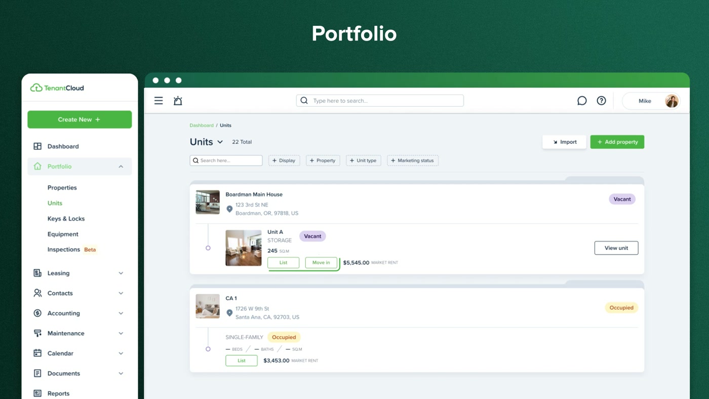TenantCloud portfolio screen listing units with occupancy and rent details