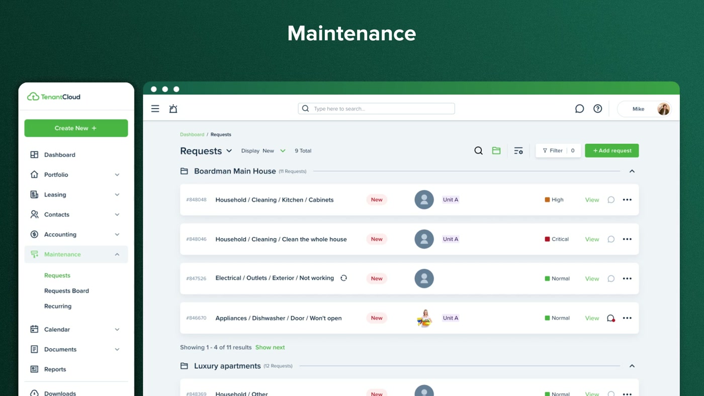 TenantCloud maintenance requests list with priority and assigned service pro