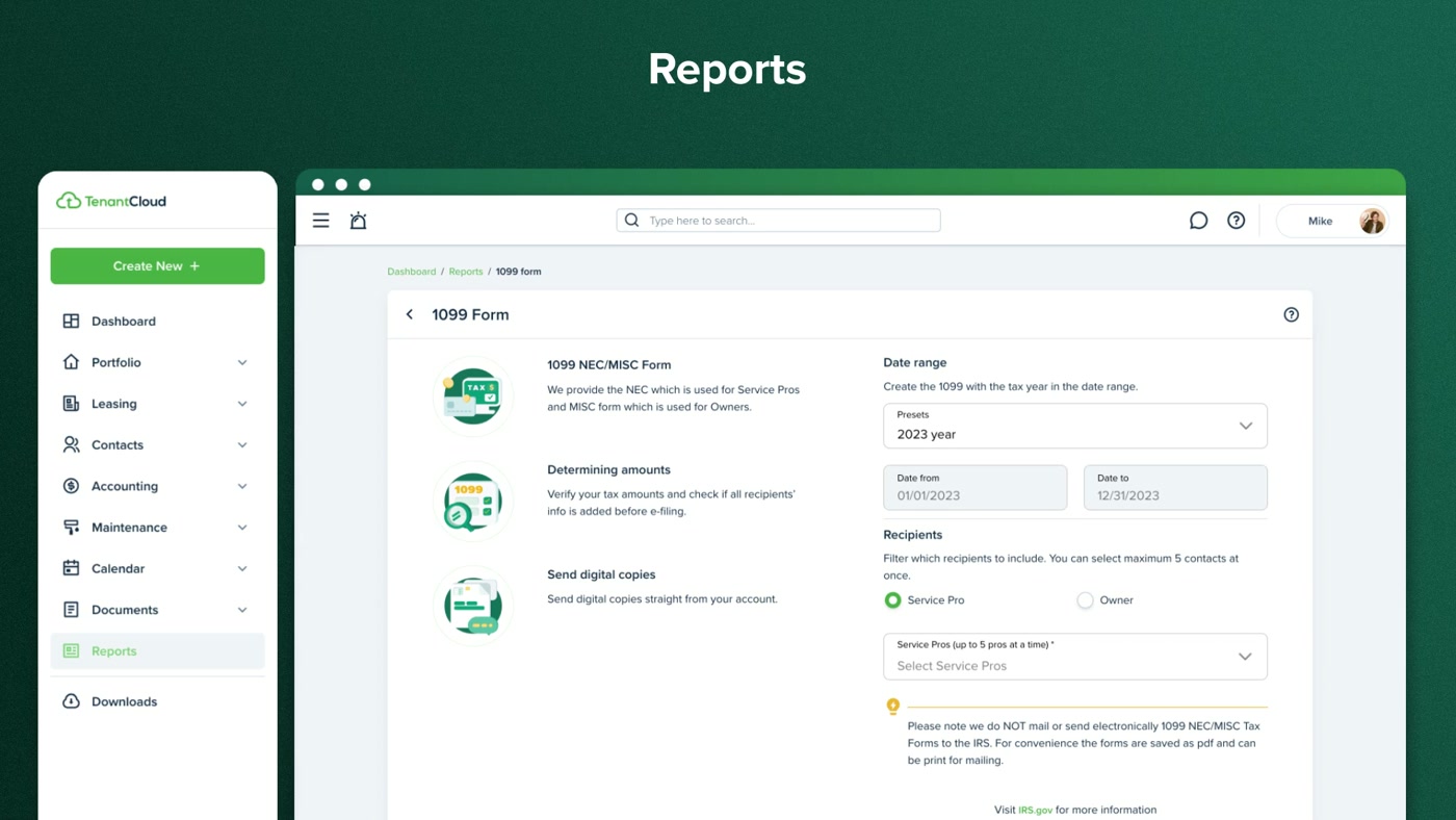 TenantCloud reports screen showing 1099 tax form generation for owners