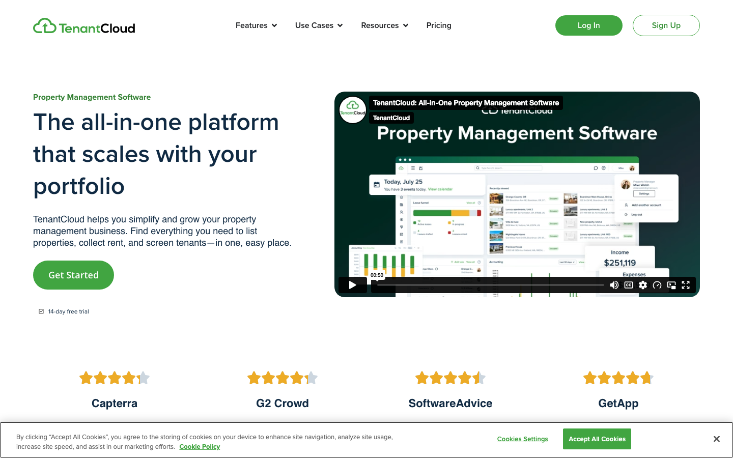 TenantCloud landlord software homepage showing rent collection and accounting dashboard