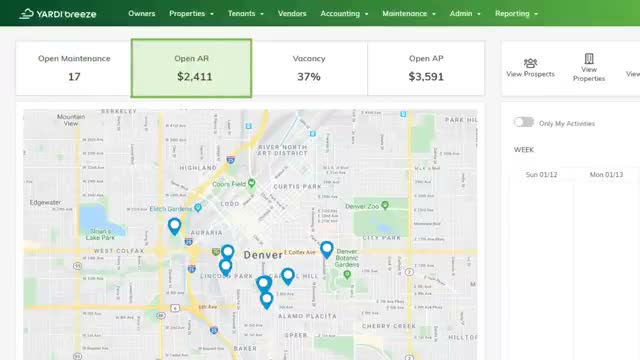 Yardi Breeze owner dashboard showing open maintenance requests, open AR, vacancy rate, open AP, and a map of property locations around Denver