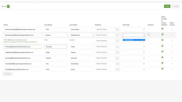 Yardi Breeze user access screen listing team members with email, role, and property assignment columns