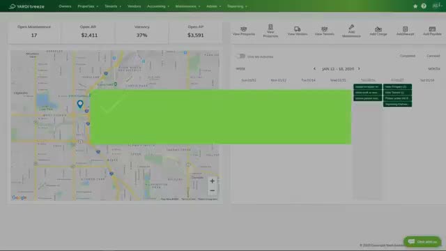 Yardi Breeze maintenance dashboard with an interactive map showing open maintenance tickets by property