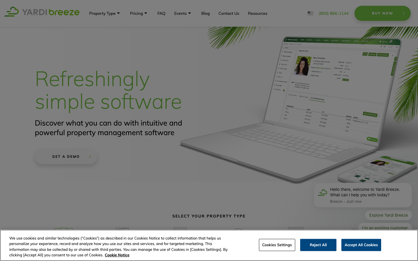 Yardi Breeze property management software homepage showing simple accounting and leasing platform