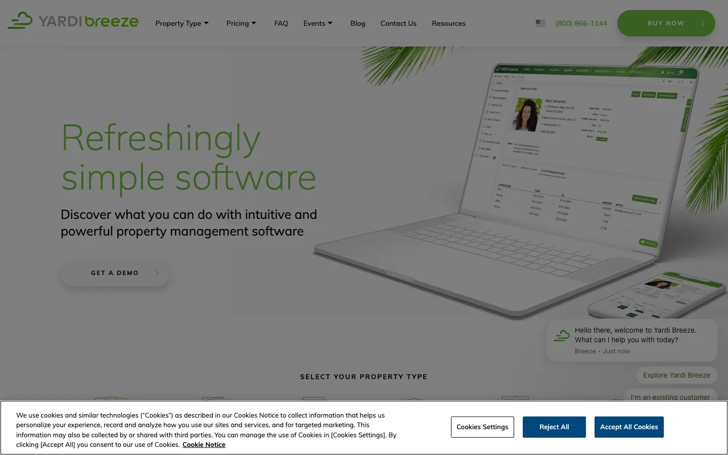 Yardi Breeze property management software homepage showing simple accounting and leasing platform