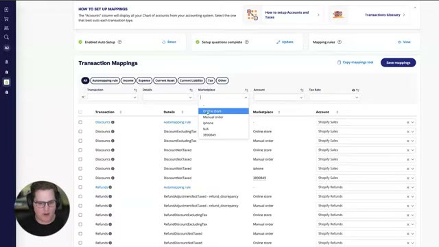 A2X transaction mappings screen showing automapping rules for Shopify discounts and refunds