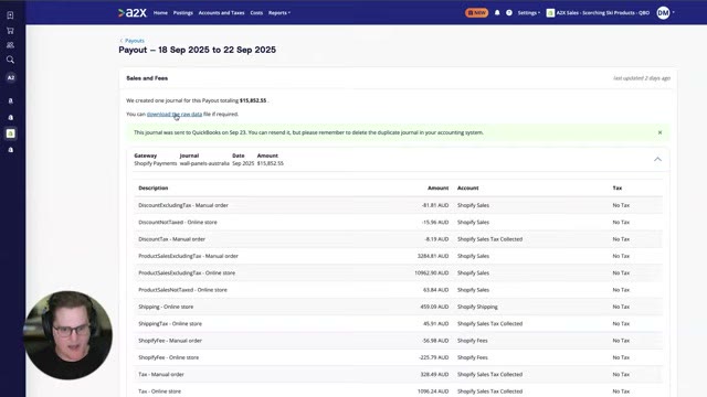 A2X payout detail screen showing sales and fees breakdown for a Shopify Payments settlement