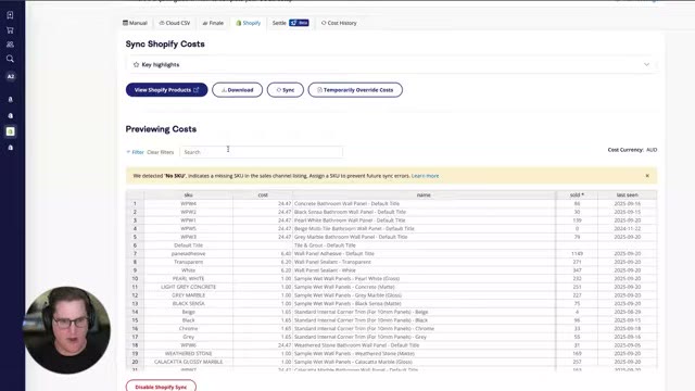 A2X sync Shopify costs screen showing a SKU level cost of goods sold preview table