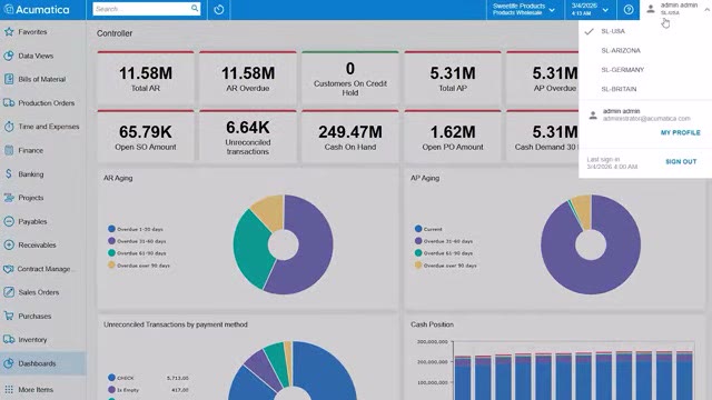 Acumatica Controller dashboard showing total AR and AP balances plus AR aging AP aging and cash position charts