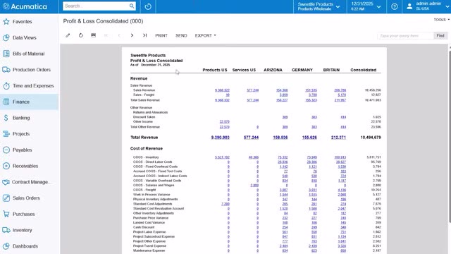 Acumatica Profit and Loss Consolidated report showing revenue and cost of revenue across five company branches