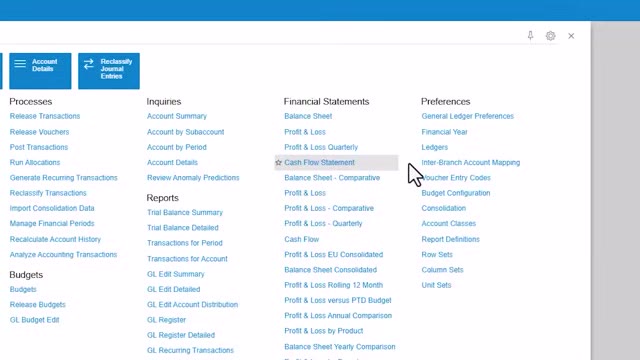 Acumatica Finance module menu listing financial statements including balance sheet profit and loss and trial balance
