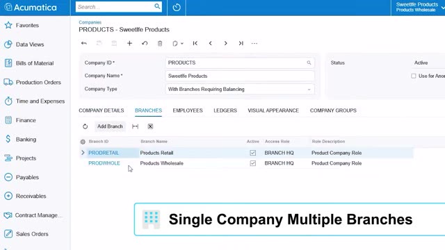 Acumatica company setup screen showing a single company configured with two branches for retail and wholesale