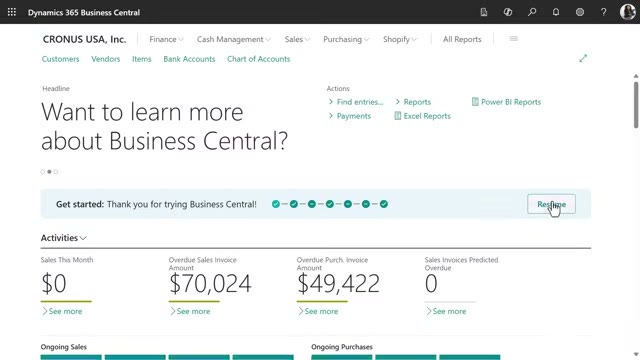 Microsoft Dynamics 365 Business Central Role Center home page showing sales this month and overdue invoice activities for CRONUS USA Inc
