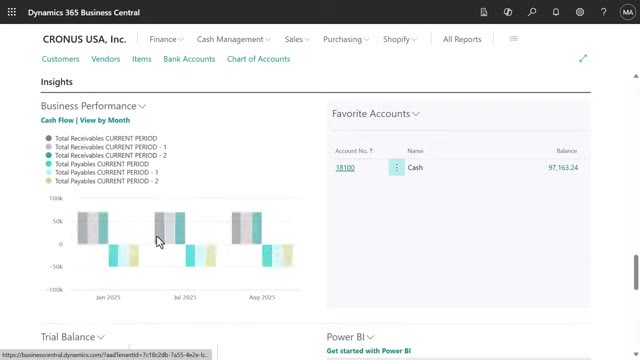 Microsoft Dynamics 365 Business Central Business Performance insight showing a cash flow chart and favorite accounts panel