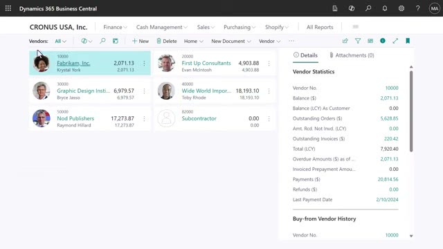 Microsoft Dynamics 365 Business Central vendors list showing vendor balances alongside a vendor statistics detail panel