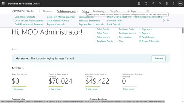 Microsoft Dynamics 365 Business Central Cash Management menu showing bank reconciliation and cash flow forecast options