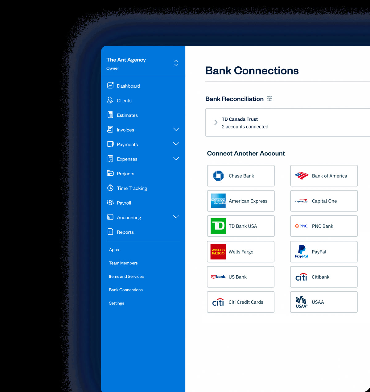 FreshBooks bank connections screen listing available banks to link including Chase Bank of America and Wells Fargo