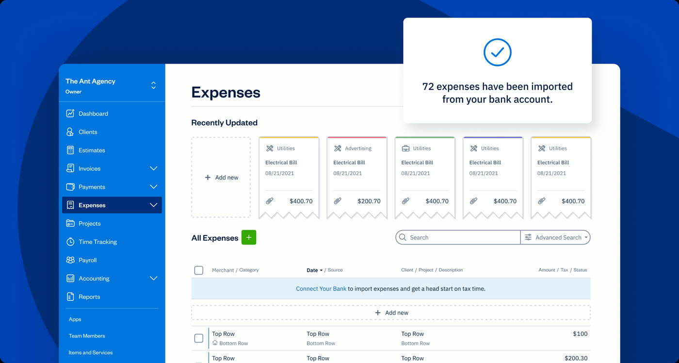 FreshBooks expenses screen with categorized electrical bill cards and a bank import confirmation message