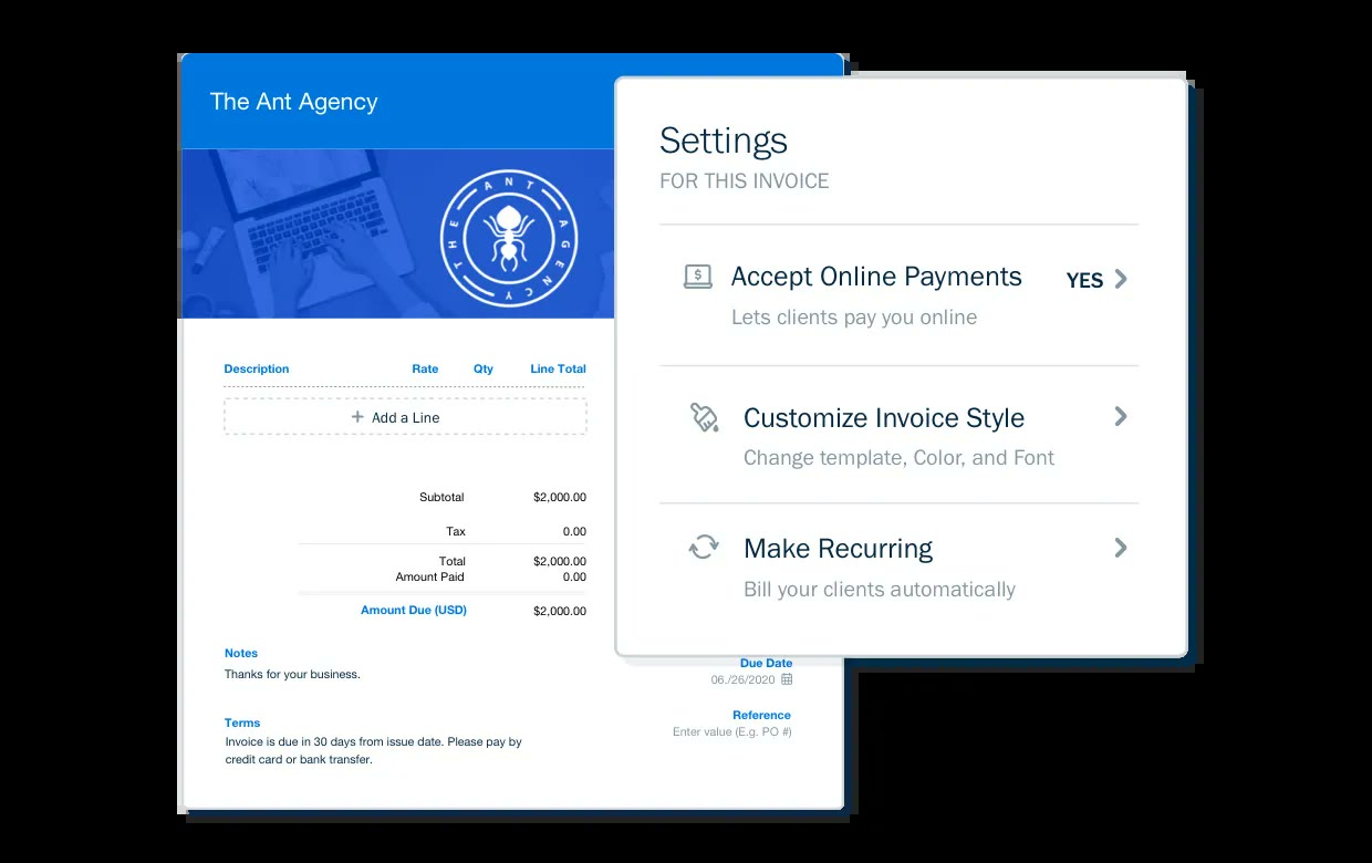 FreshBooks invoice editor with a settings panel for online payments invoice style and recurring billing