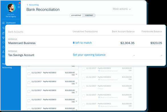 FreshBooks bank reconciliation screen matching bank transactions against the recorded account balance