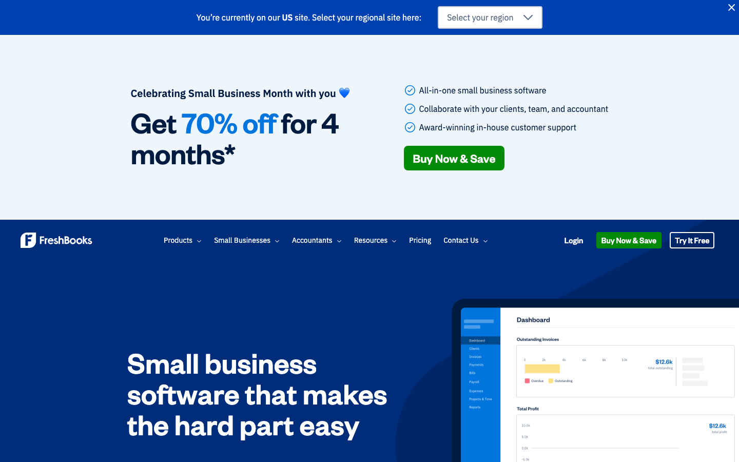 FreshBooks homepage showing small business software headline, dashboard preview, and navigation menu