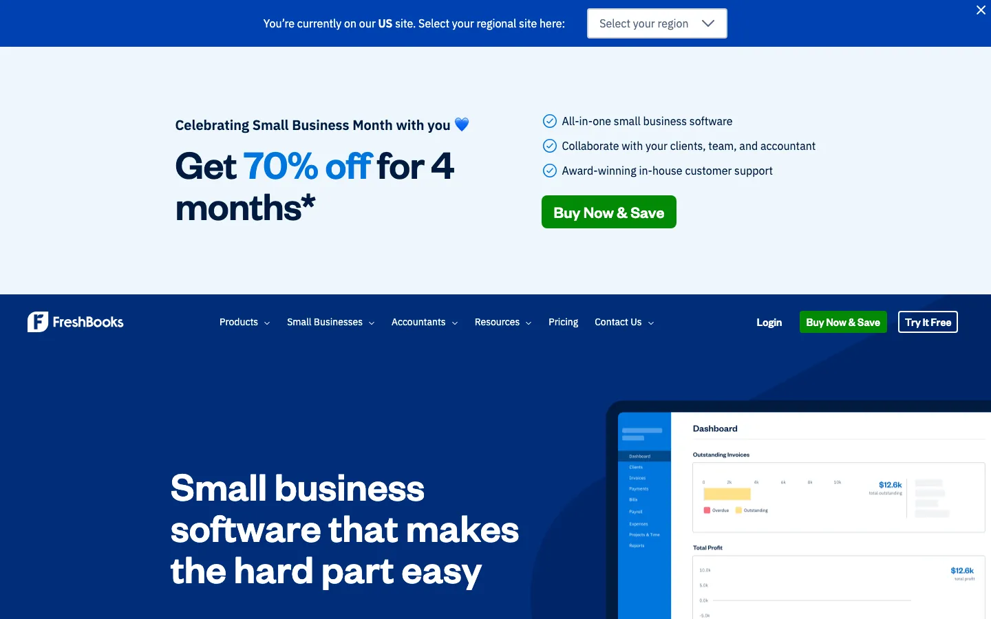 FreshBooks homepage showing small business software headline, dashboard preview, and navigation menu