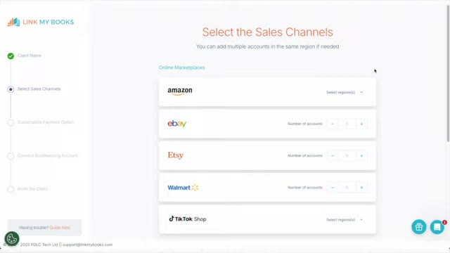 Link My Books add a client wizard showing sales channel options including Amazon, eBay, Etsy, Walmart, and TikTok Shop