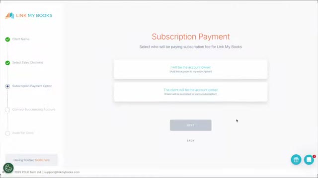 Link My Books subscription payment step showing account owner billing options during client setup