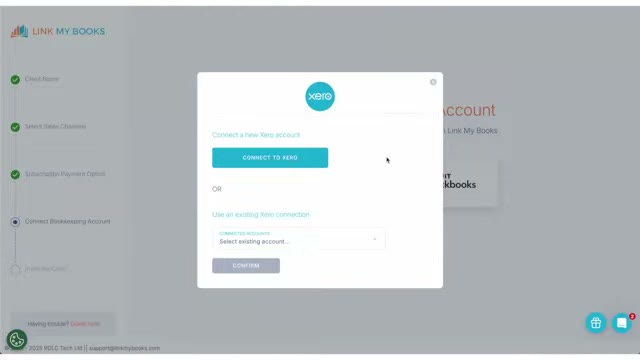 Link My Books connect bookkeeping account step with a Xero connection popup open