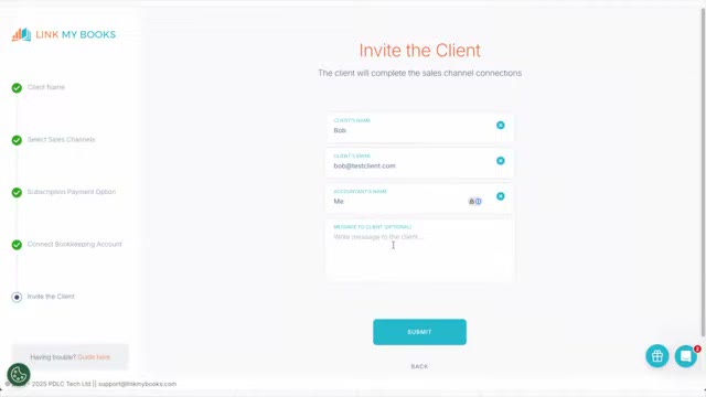 Link My Books invite the client step with a filled in client name, email, and accountant name form