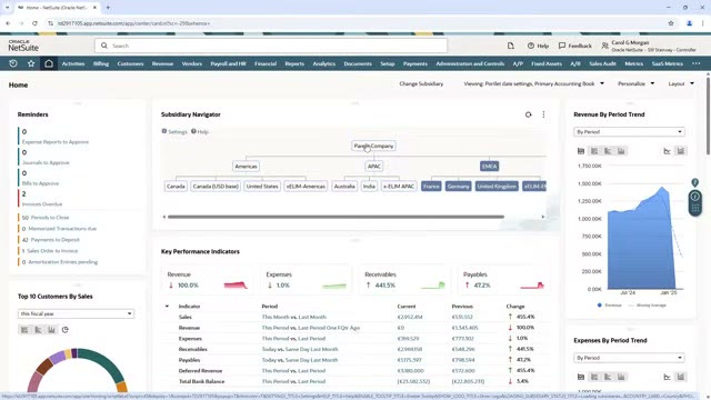 Oracle NetSuite home dashboard showing subsidiary navigator, key performance indicators, and revenue trend chart