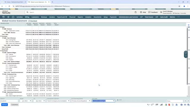 Oracle NetSuite global income statement report broken down by subsidiary and account