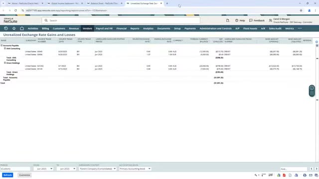 Oracle NetSuite unrealized exchange rate gains and losses report for accounts payable