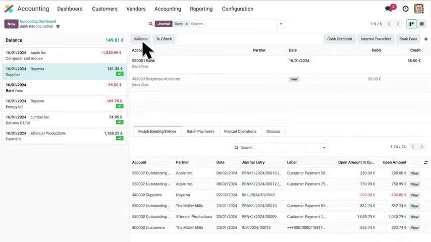 Odoo Accounting bank reconciliation screen matching bank transactions against outstanding customer and vendor entries