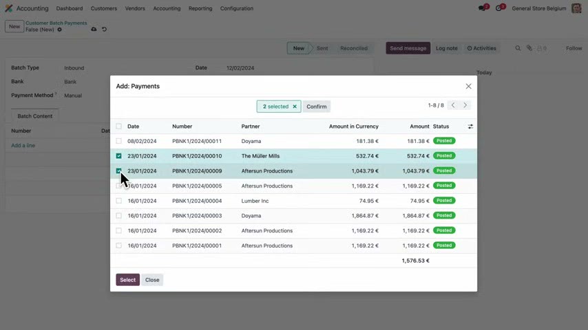 Odoo Accounting batch payments dialog showing a list of posted vendor payments selected for a bank batch