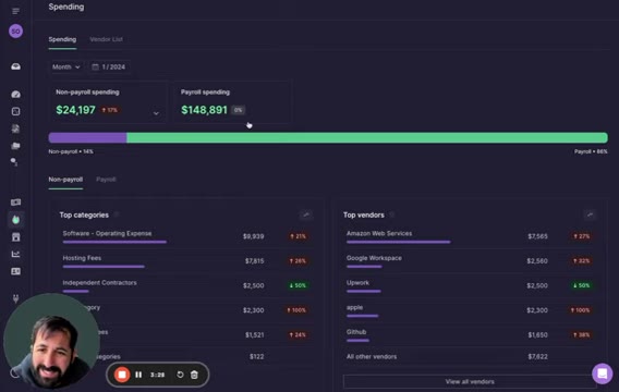 Puzzle spending breakdown screen listing top vendors including AWS Google Workspace and Upwork