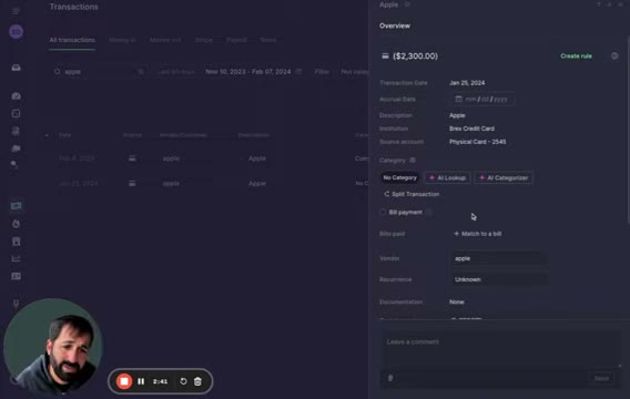 Puzzle transaction detail panel categorizing a Brex credit card charge from Apple