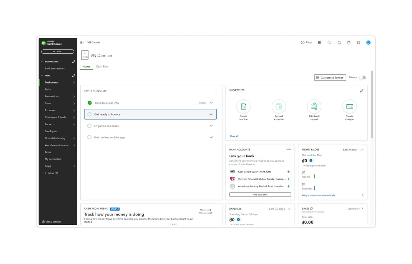 QuickBooks Online home dashboard showing the setup checklist, shortcuts, bank accounts, and profit and loss widgets