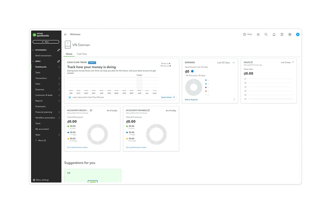 QuickBooks Online cash flow tab showing the cash flow trend chart with accounts receivable and accounts payable